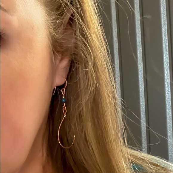 Hammered Copper Wire Wrap Earrings with Blue River Shell Beads - Picture 2 of 12